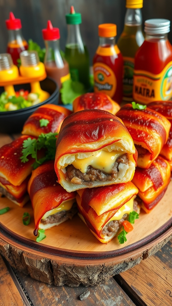 Bacon wrapped beef sliders stacked on a wooden platter with fresh toppings.